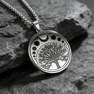 Silvery Tree of Life Pendant with Moon Phases