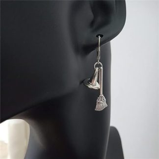 Silvery Witch Hat and Broom Dangle Earrings