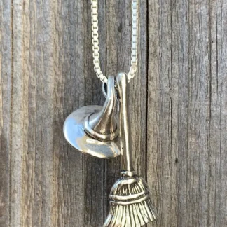 Silvery Witch Hat and Broomstick Pendant