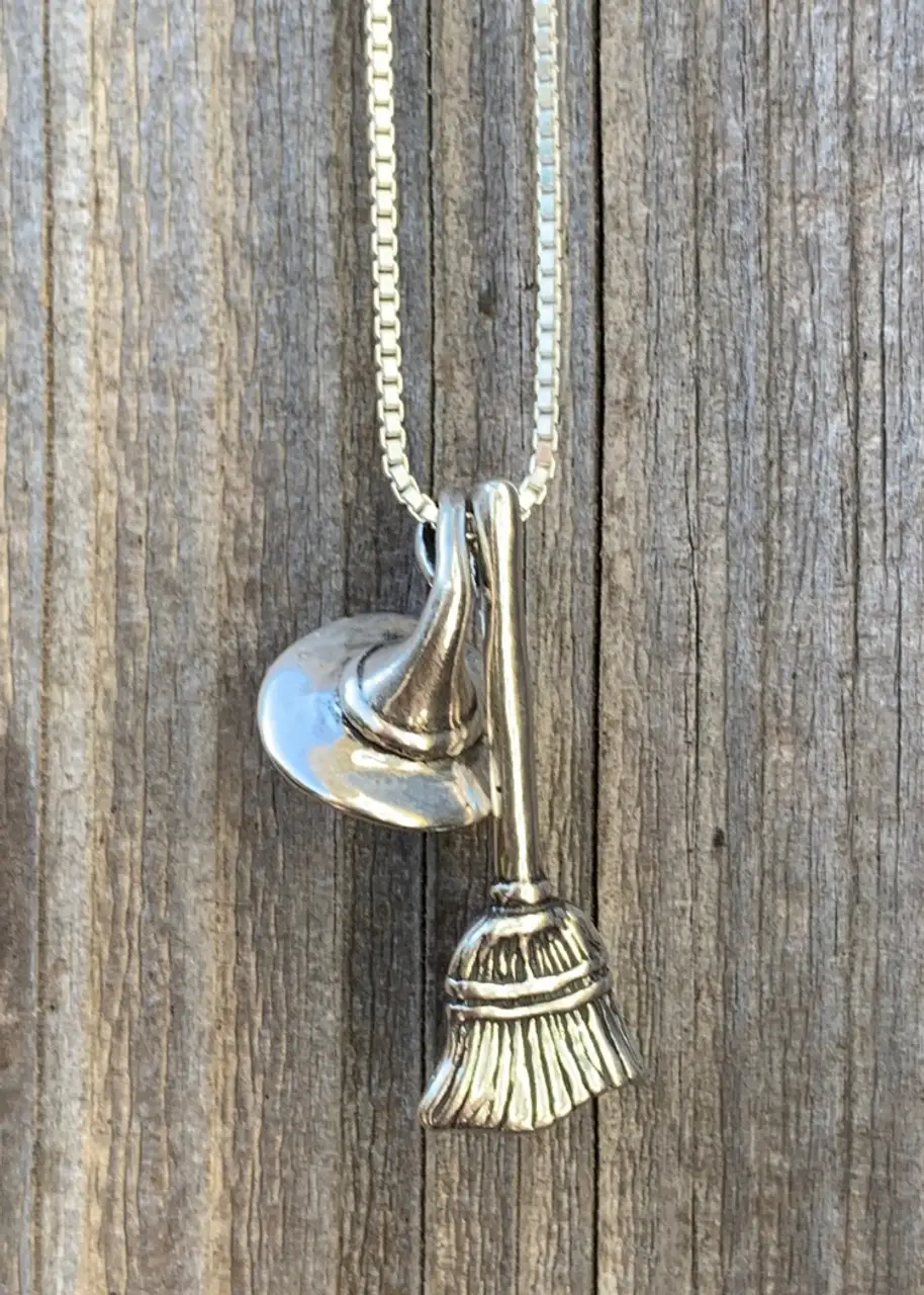 Silvery Witch Hat and Broomstick Pendant