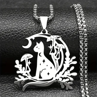 Mystical Moonlit Cat Pendant in Silvery Woodland Frame