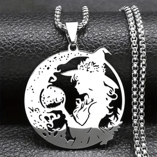 Stainless Steel Moonlit Witch Pendant with Crystal Ball Cutout